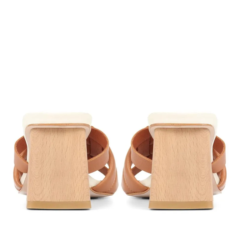 Pamela-02 Leather Block Heeled Mules - Camel