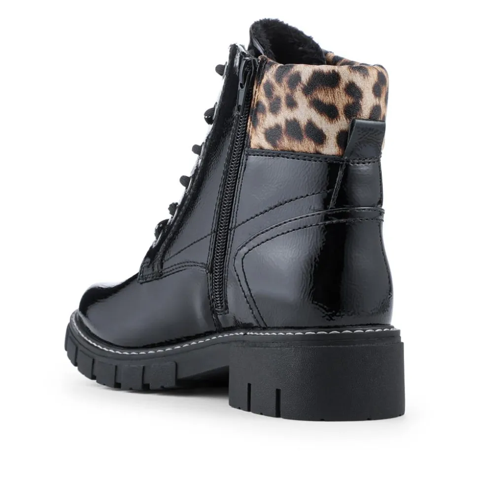 Patent Zip & Lace Up Ankle Boots - Black