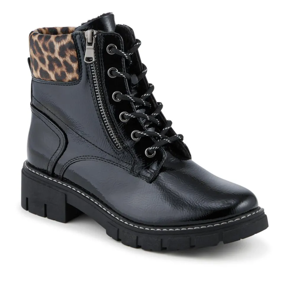 Patent Zip & Lace Up Ankle Boots - Black