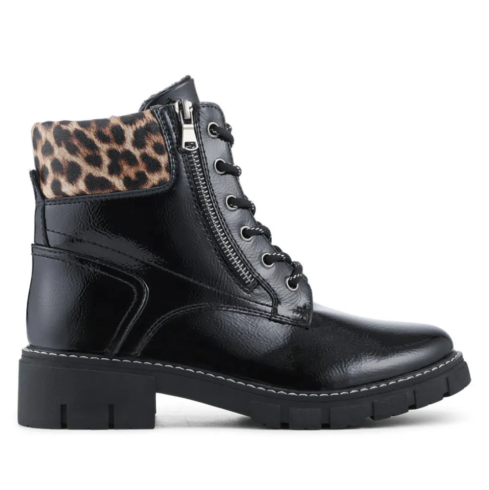 Patent Zip & Lace Up Ankle Boots - Black