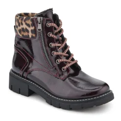 Patent Zip & Lace Up Ankle Boots - Burgundy