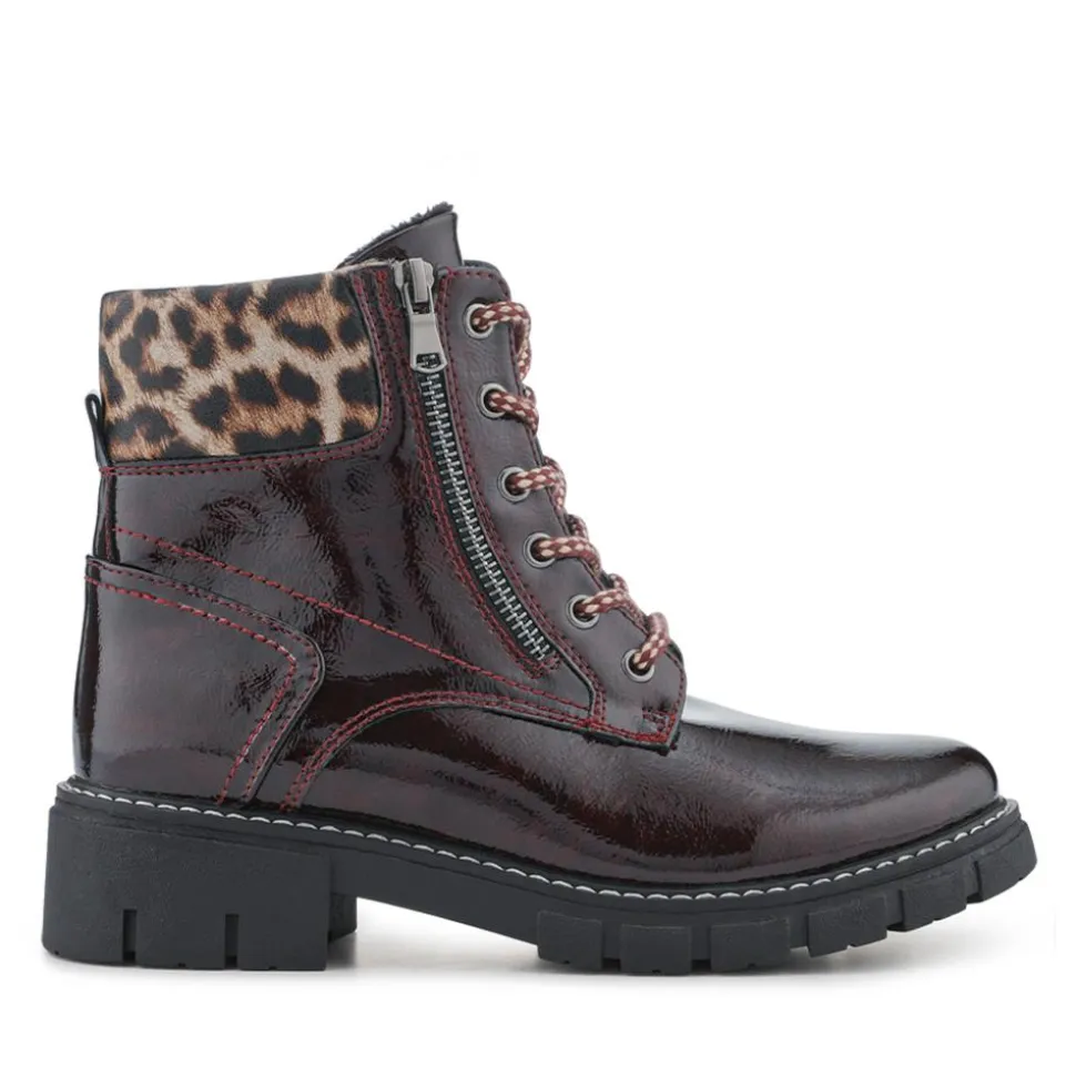 Patent Zip & Lace Up Ankle Boots - Burgundy