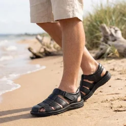 Premium Leather Touch Fastening Sandals - Black