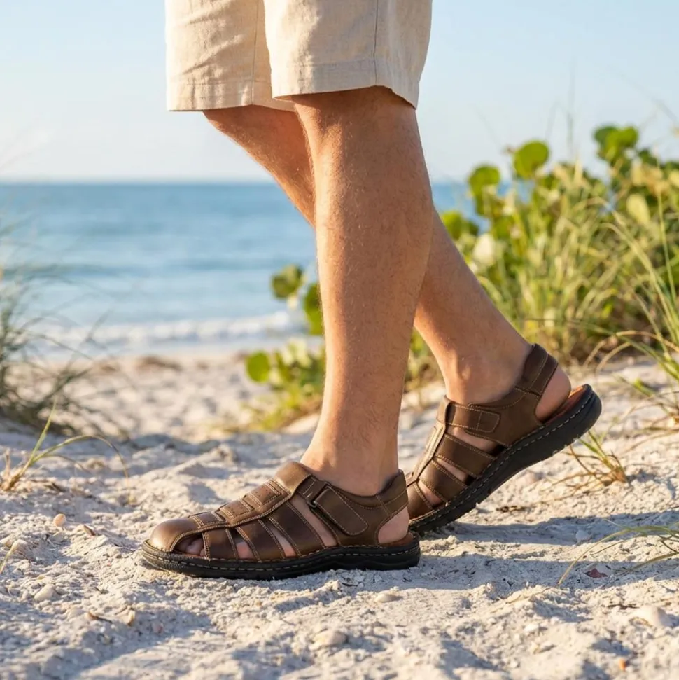 Premium Leather Touch Fastening Sandals - Brown