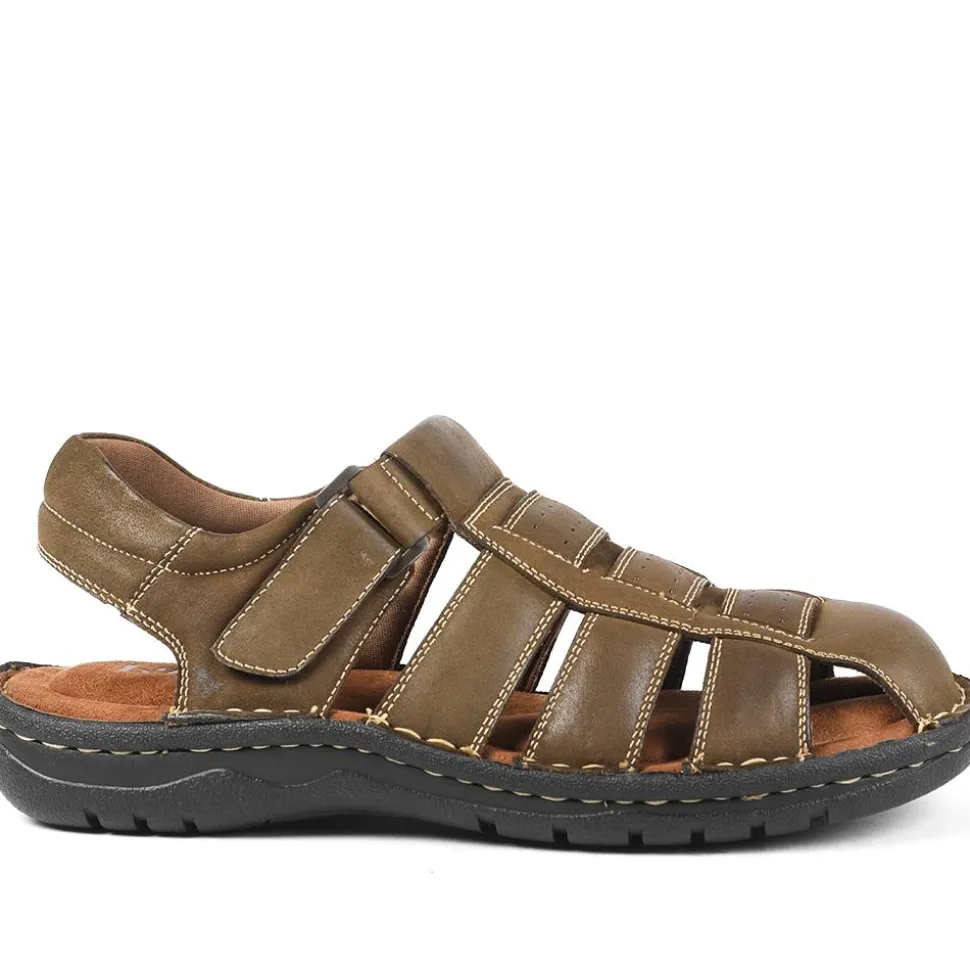 Premium Leather Touch Fastening Sandals - Brown