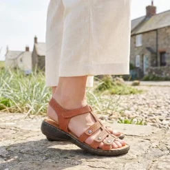 Premium Leather Touch Fastening Sandals - Tan