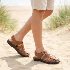 Premium Leather Touch Fastening Sandals - Tan