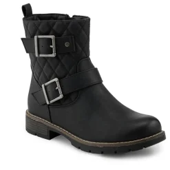 Quilted Dual Buckle Ankle Boots - Black
