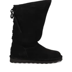Rear-Laced Sheepskin Leather Boots - Black