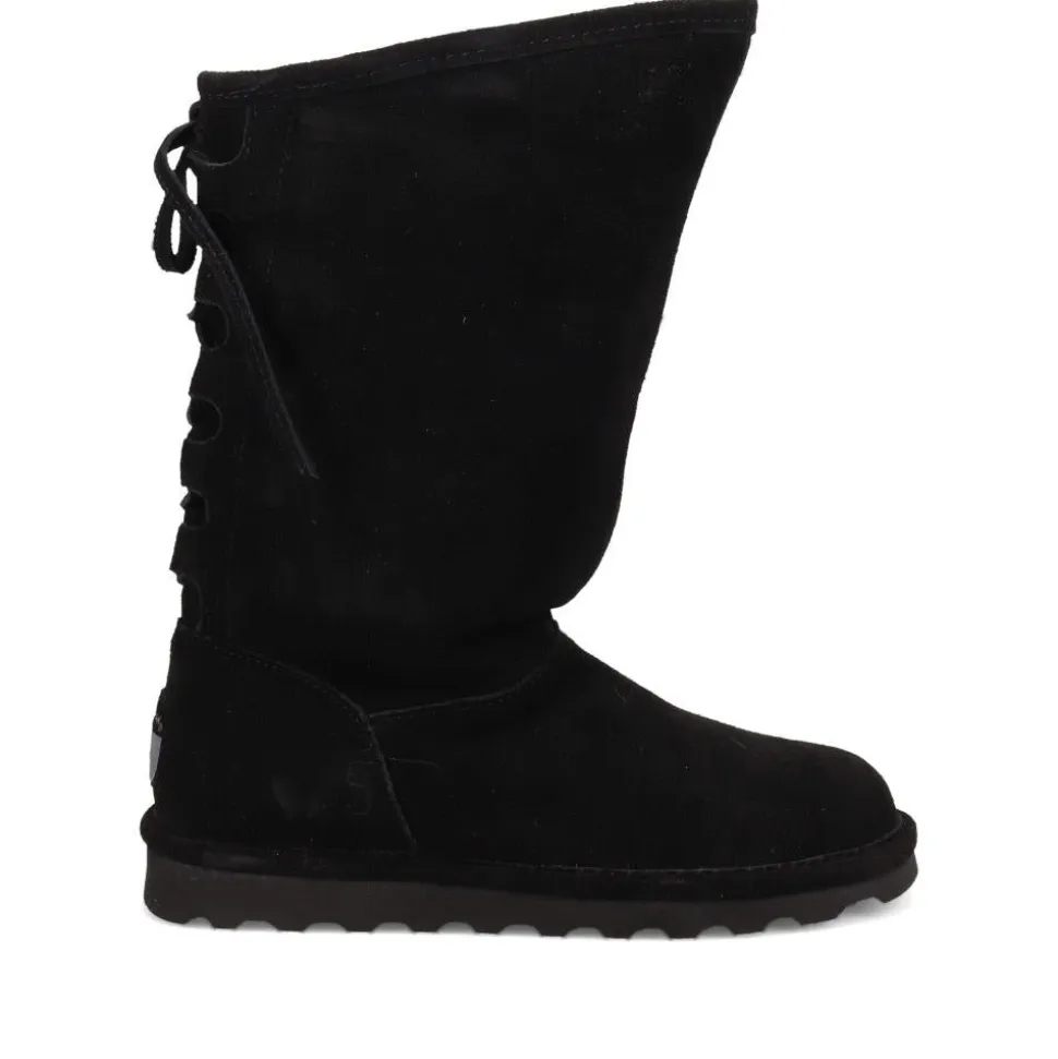 Rear-Laced Sheepskin Leather Boots - Black