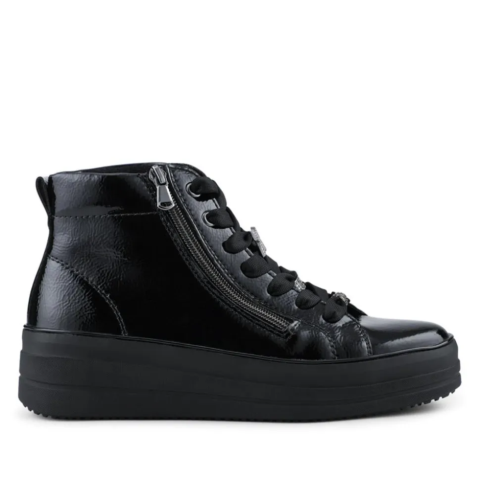 Remonte Leather Zip & Lace Hi-Top Trainers - Black Patent