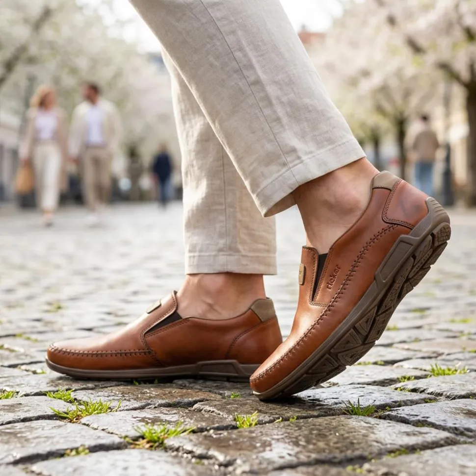 Rieker Leather Elasticated Slip On Shoes - Tan