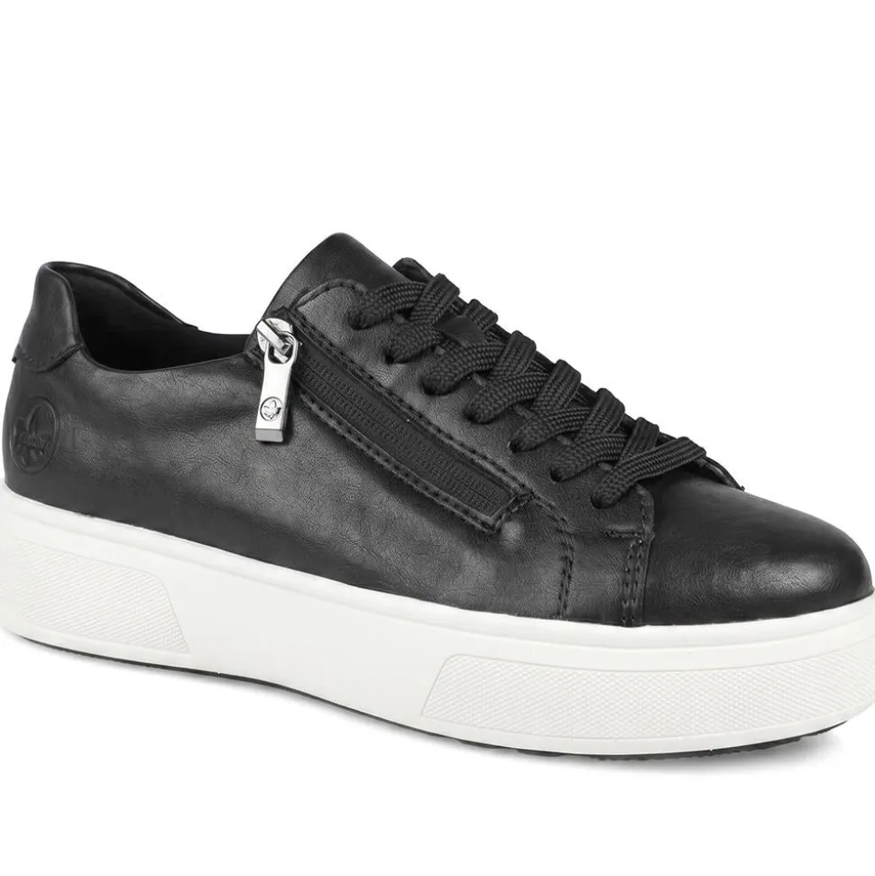 Rieker Leather Zip & Lace Platform Trainers - Black