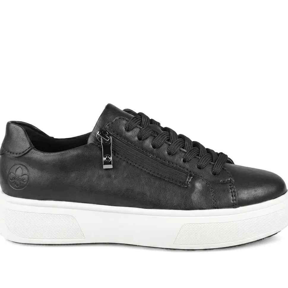 Rieker Leather Zip & Lace Platform Trainers - Black