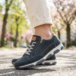 Rieker Wide Fit Leather Lace Up Trainers - Navy