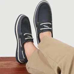Rubber Soled Leather Boat Shoes - Navy