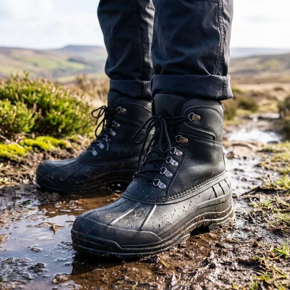 Rugged Warm Lined Lace Up Weather Boots - Black