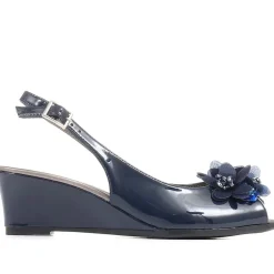 Slingback Peep-Toe Wedge Heels - Navy Patent