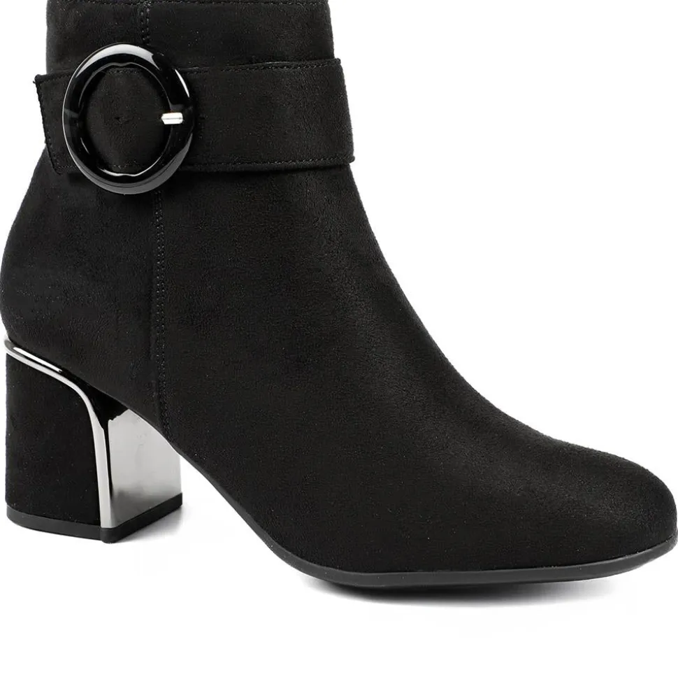 Smart Block-Heeled Long Boots - Black Faux Suede