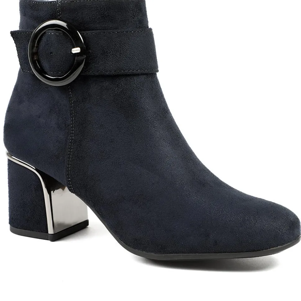 Smart Block-Heeled Long Boots - Navy Faux Suede