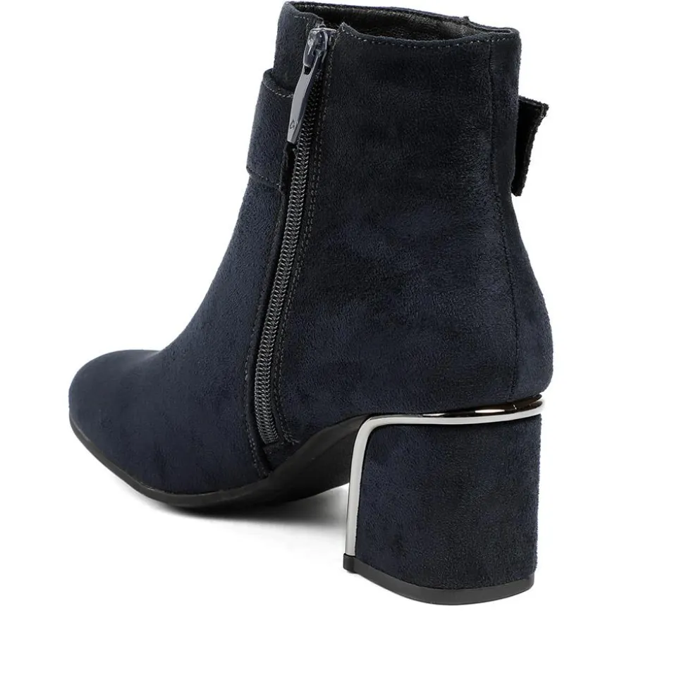 Smart Block-Heeled Long Boots - Navy Faux Suede
