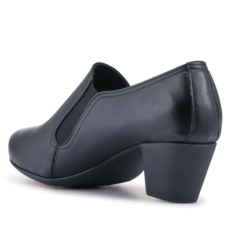 Smart Block Heel Leather Slip On Shoes - Navy