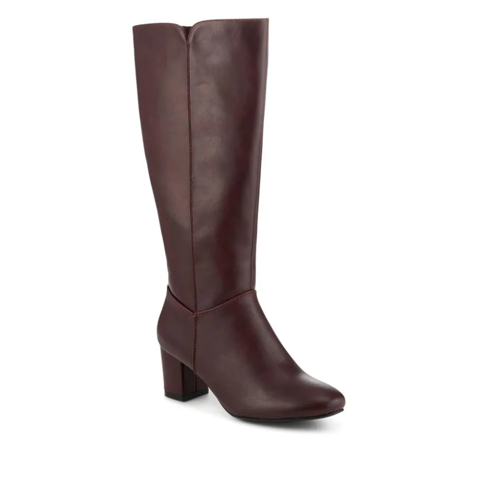 Smart Block Heel Long Boots With Inside Zip - Burgundy
