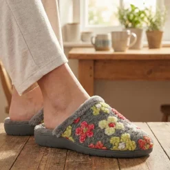 Soft Floral Mule Slippers - Grey Multi