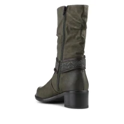 Stacked Heel Slouch Design Biker Boots - Khaki
