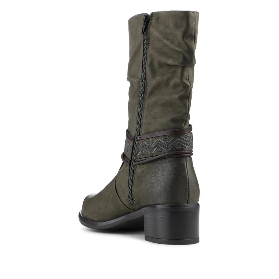 Stacked Heel Slouch Design Biker Boots - Khaki