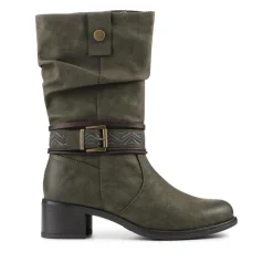 Stacked Heel Slouch Design Biker Boots - Khaki