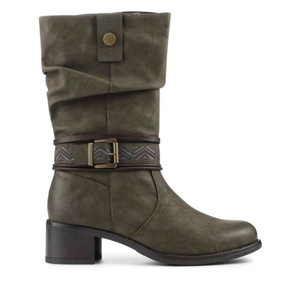 Stacked Heel Slouch Design Biker Boots - Khaki