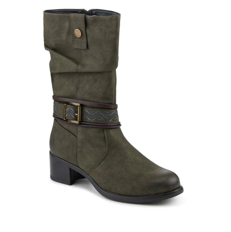 Stacked Heel Slouch Design Biker Boots - Khaki