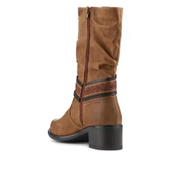 Stacked Heel Slouch Design Biker Boots - Tan
