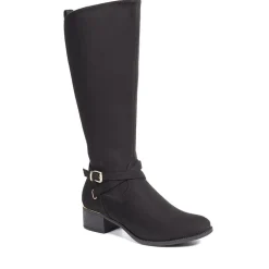 Stretch Back Buckle Detail Long Boots - Black