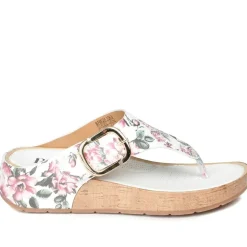 Touch Fasten Buckled Toe Post Sandals - White Floral