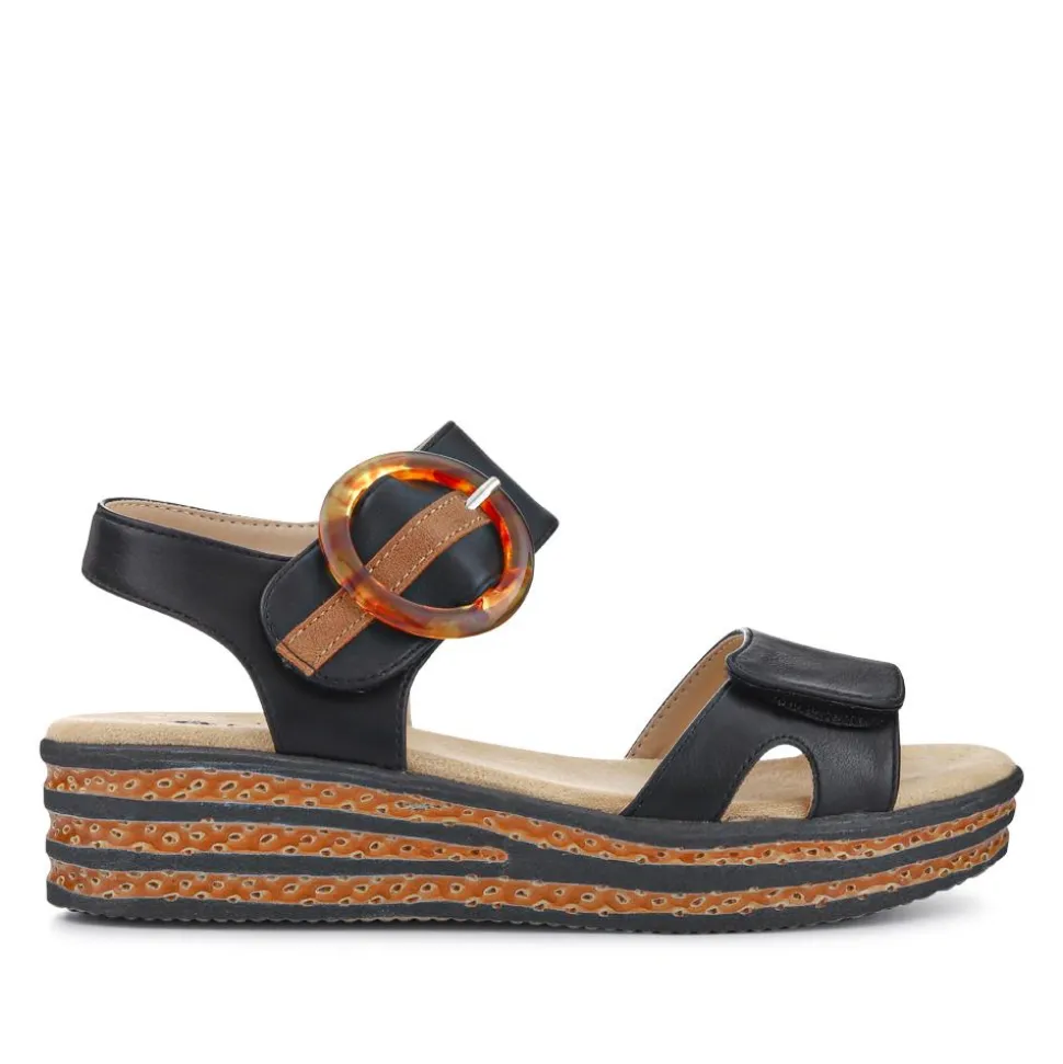 Touch Fasten Wedge Sandals - Black