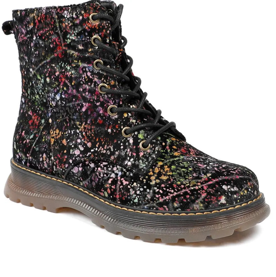 Vibrant Lace Up Ankle Boots With Inside Zip - Black Multi