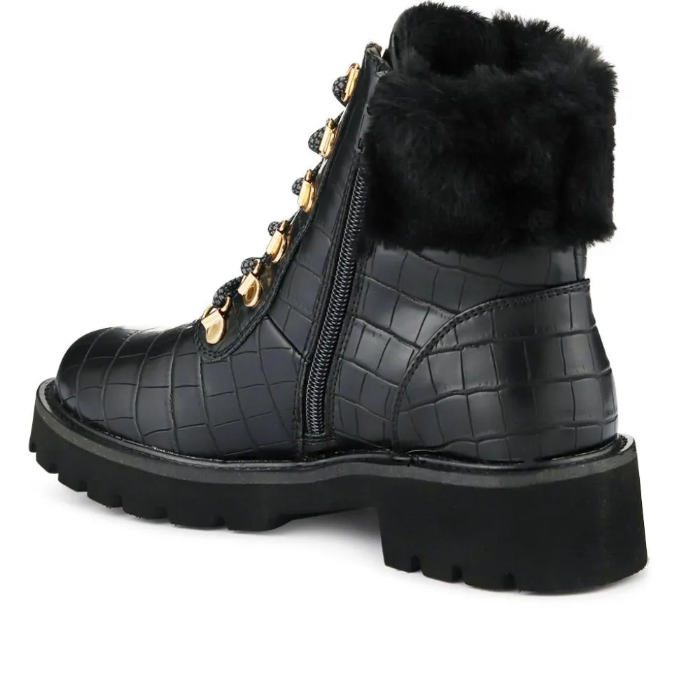 Warm Dual-Fasten Ankle Boots - Black Croc