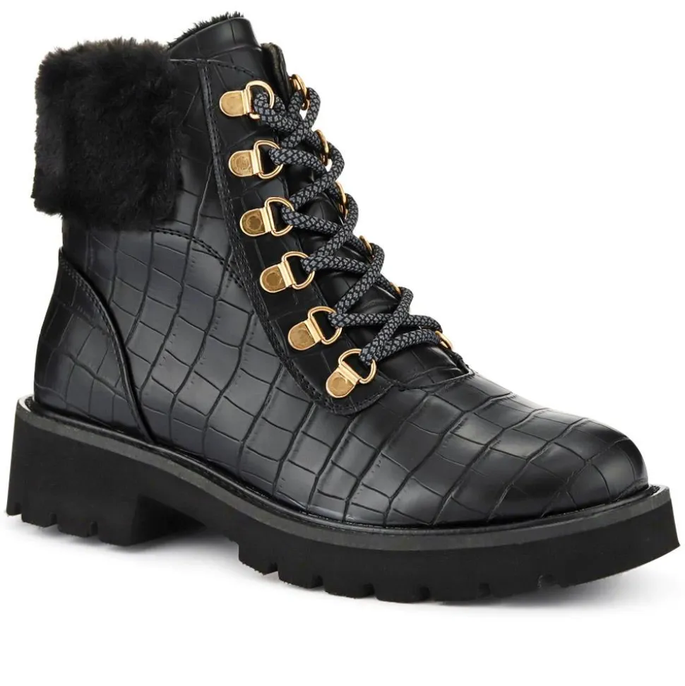 Warm Dual-Fasten Ankle Boots - Black Croc