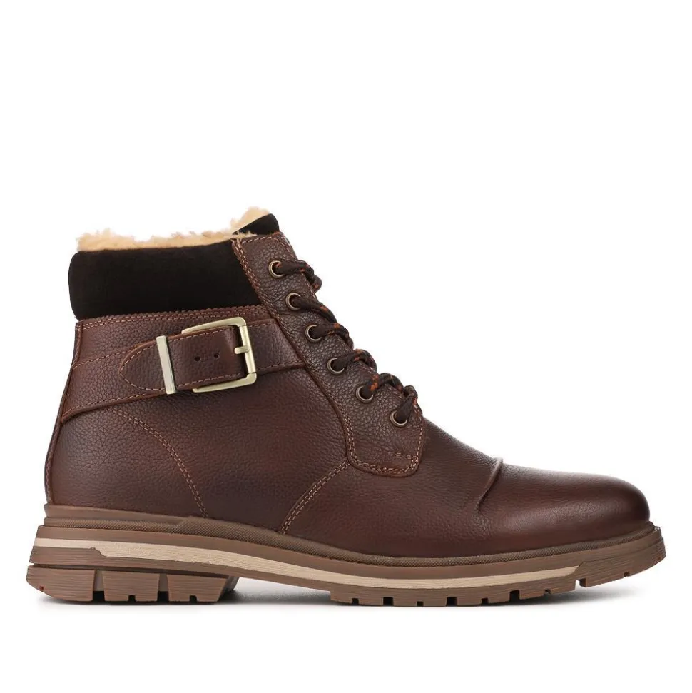 Warm Lined Leather Lace Up Boots - Brown
