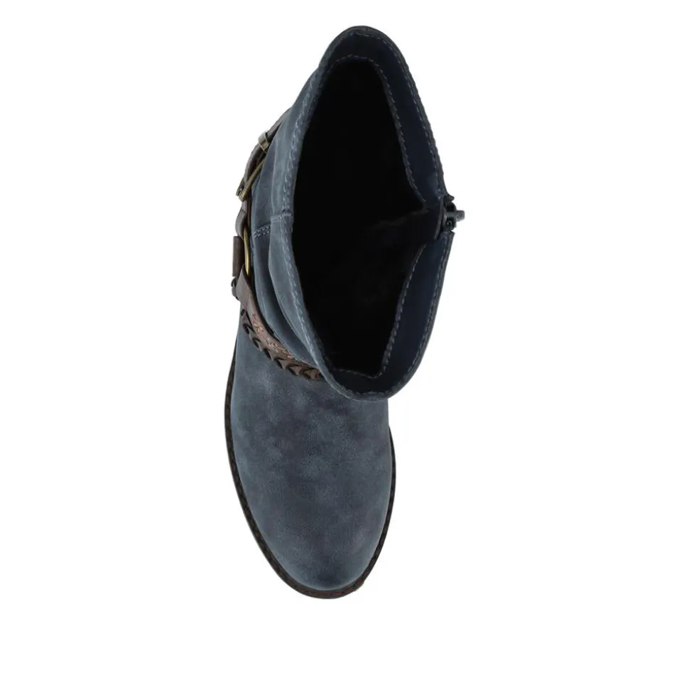 Warm Lined Strapped Upper Calf Length Boots - Denim