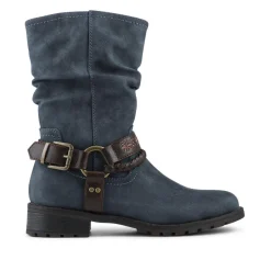 Warm Lined Strapped Upper Calf Length Boots - Denim