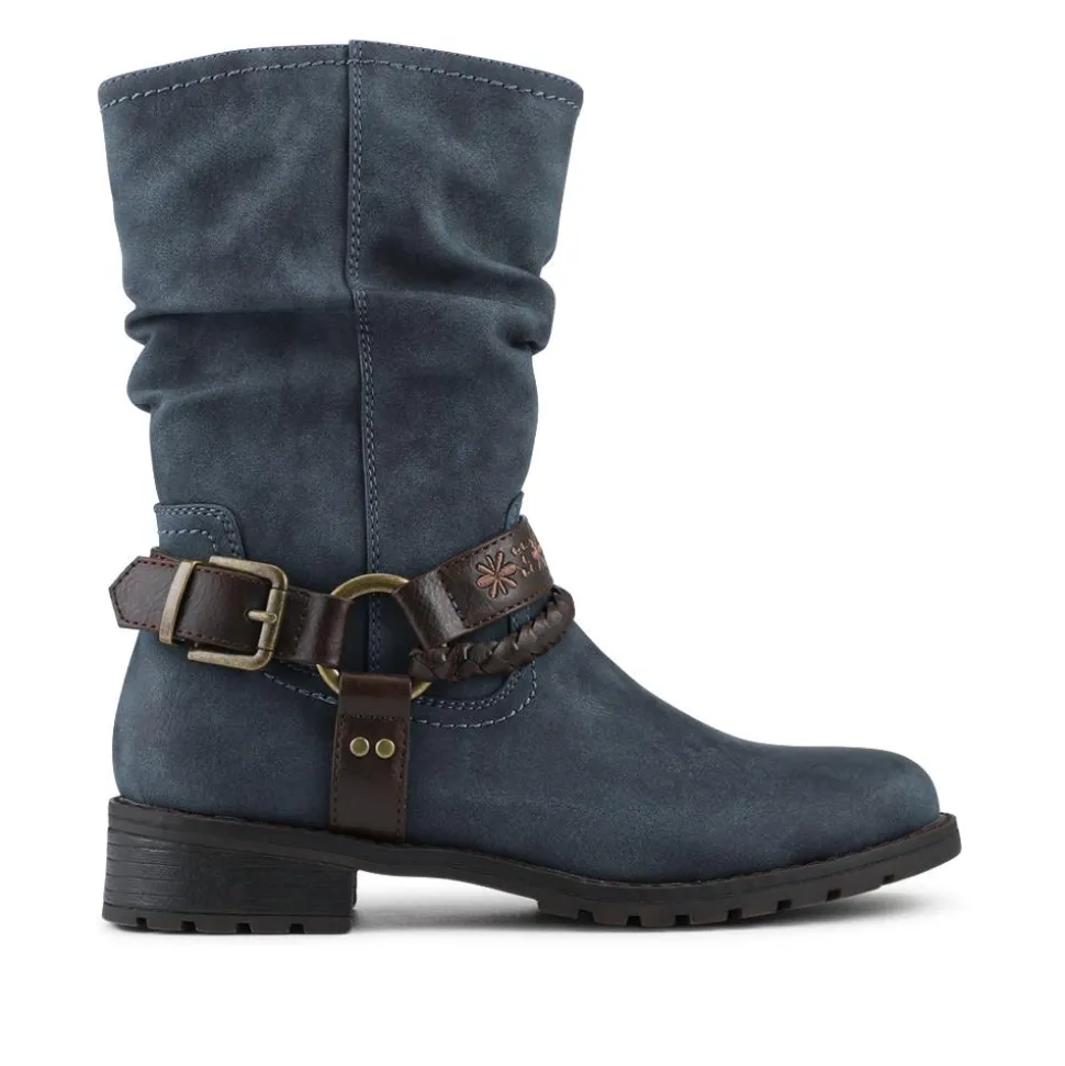 Warm Lined Strapped Upper Calf Length Boots - Denim
