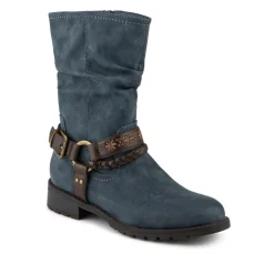 Warm Lined Strapped Upper Calf Length Boots - Denim