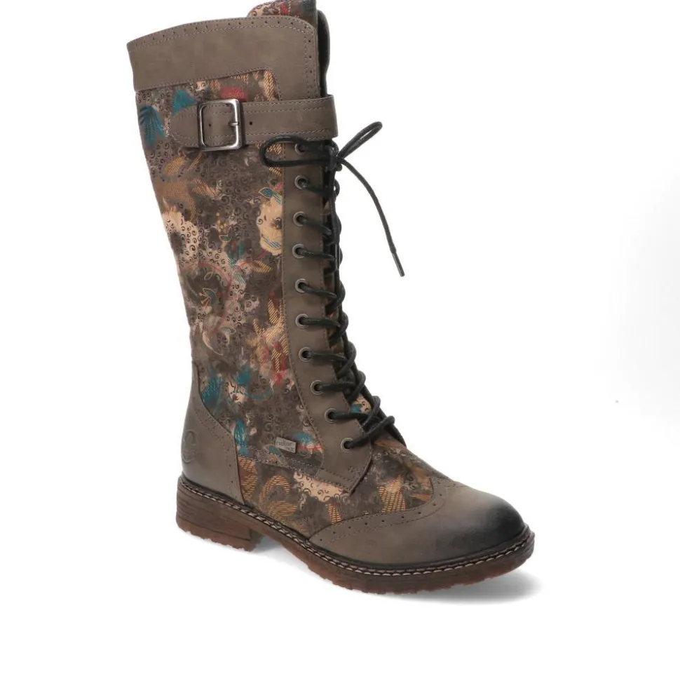Water-Resistant Lace-Up Long Boots - Floral