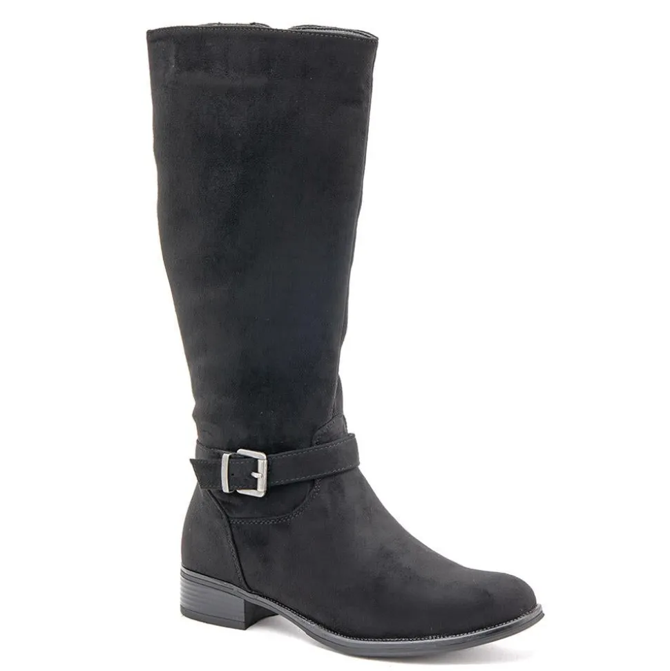 Wide-Calf Buckle Detail Long Boots - Black