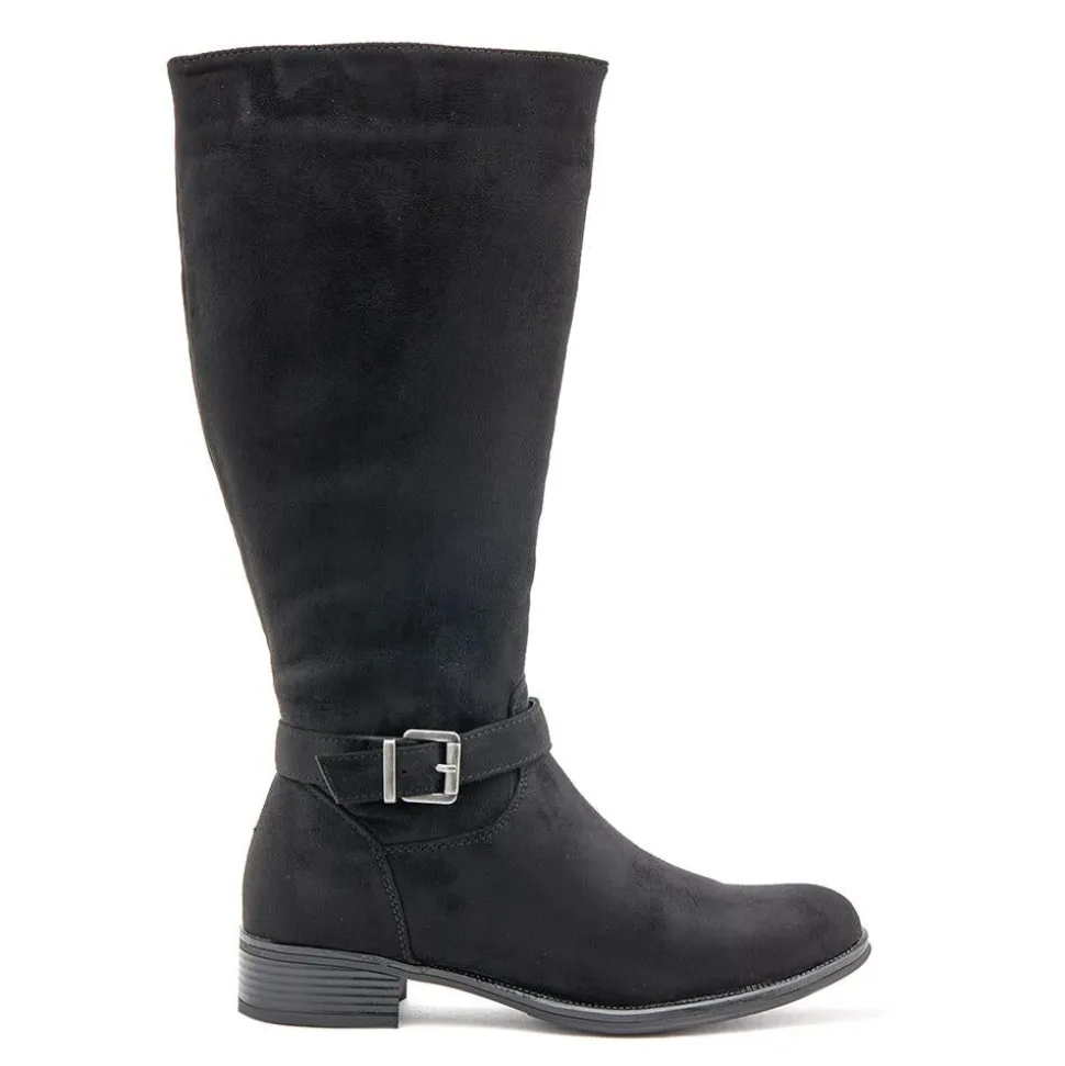 Wide-Calf Buckle Detail Long Boots - Black