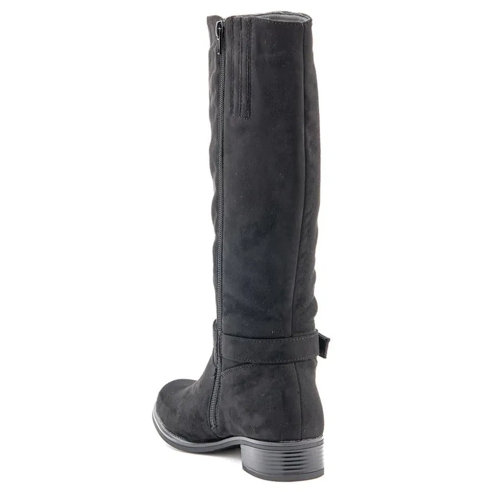 Wide-Calf Buckle Detail Long Boots - Black