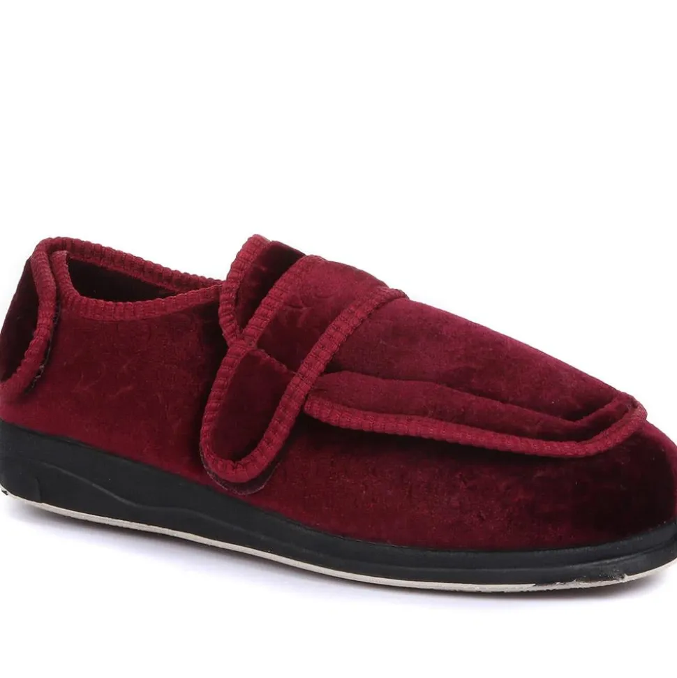 Wide Fit Adjustable Fasten Full Slipper - Burgundy